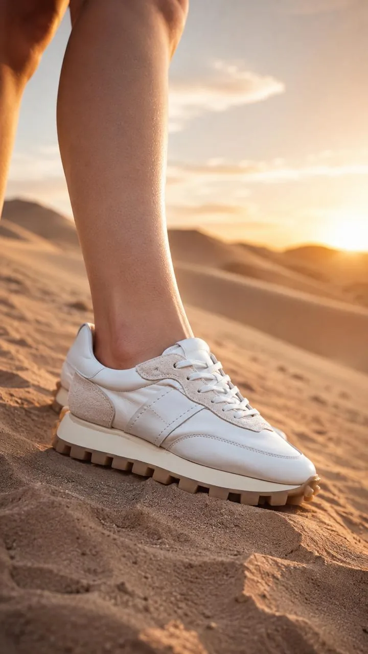 O mesmo tênis branco calçado nas dunas ao pôr do sol