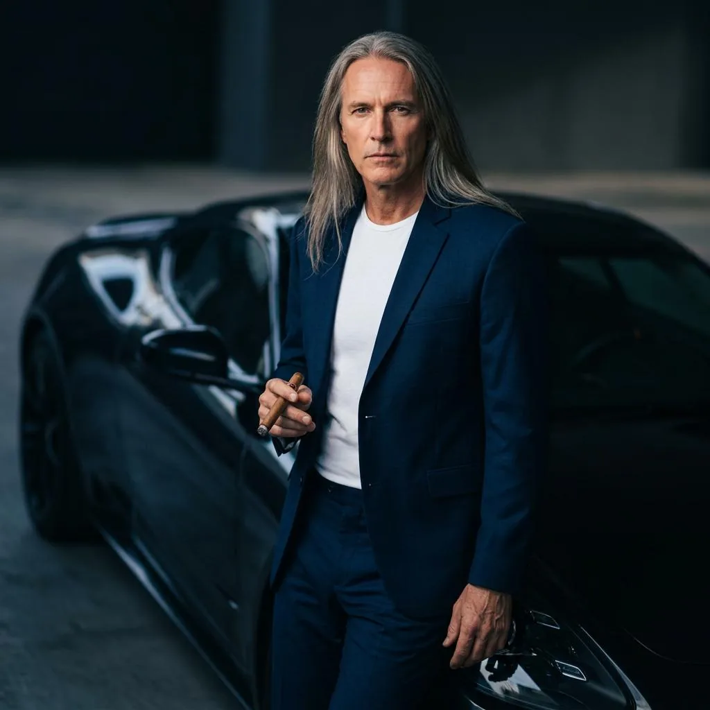 Modelo masculino usando o mesmo terno azul-marinho ao lado de um carro esportivo